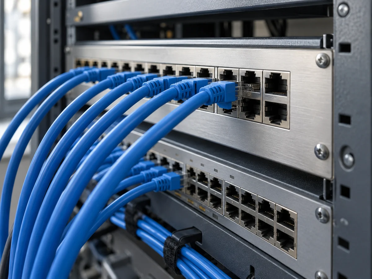 KI-generiertes Symbolbild: Ethernet-Kabel und Switch in einem Serverschrank
